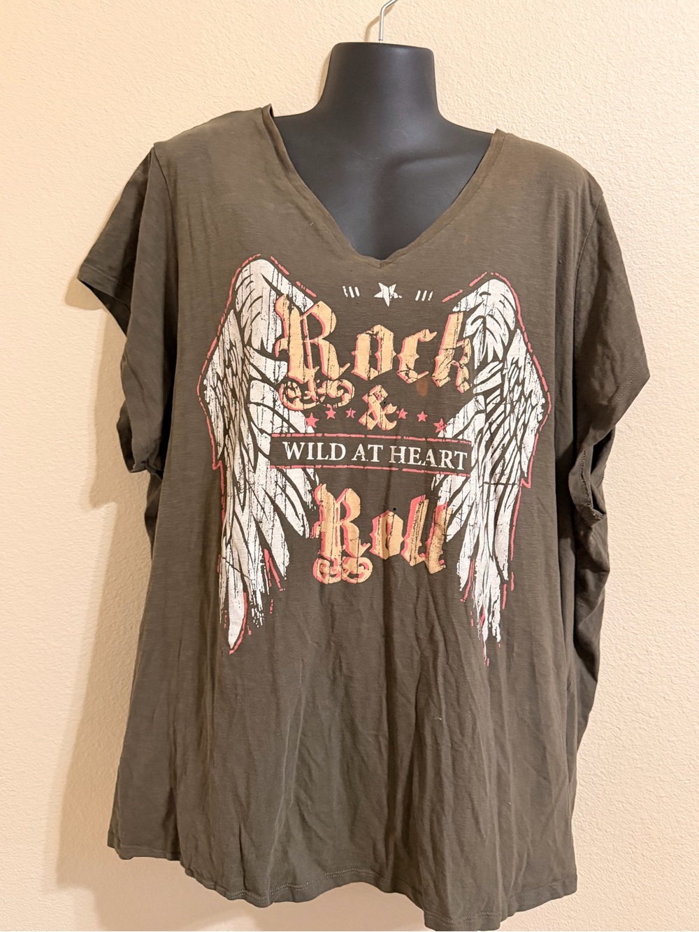 ellos Olive Graphic V-Neck Tee with Winged Rock & Roll Print